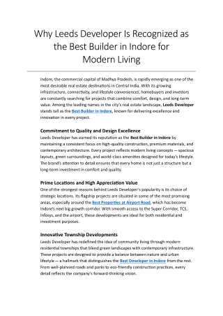 Why Leeds Developer Is Recognized as the Best Builder in Indore for Modern