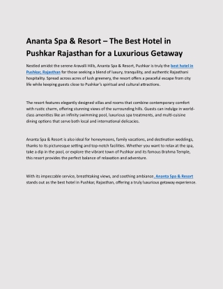 Ananta Spa & Resort – The Best Hotel in Pushkar Rajasthan for a Luxurious Getawa