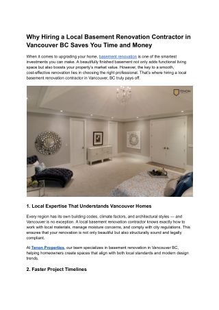 Why Hiring a Local Basement Renovation Contractor in Vancouver BC Saves You Time and Money