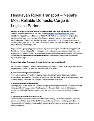 Himalayan Royal Transport – Nepal’s Most Reliable Domestic Cargo & Logistics Partner