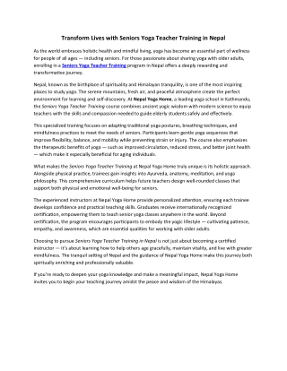 Transform Lives with Seniors Yoga Teacher Training in Nepal