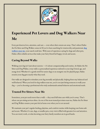 Experienced Pet Lovers and Dog Walkers near me