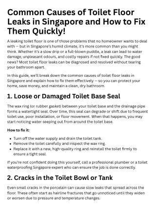 Common Causes of Toilet Floor Leaks in Singapore and How to Fix Them Quickly