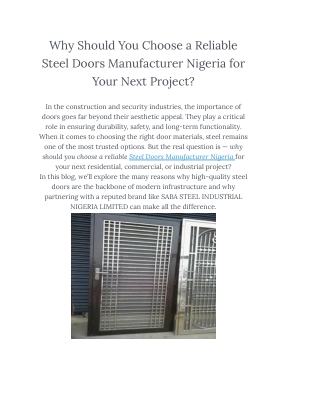 Why Should You Choose a Reliable Steel Doors Manufacturer Nigeria for Your Next Project
