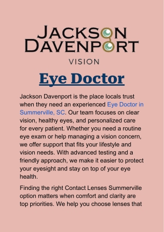 Eye Doctor in Summerville, SC: Comprehensive Vision Care at Jackson Davenport