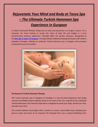 Rejuvenate Your Mind and Body at Tasva Spa – The Ultimate Turkish Hammam Spa Exp