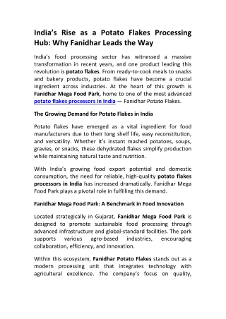 Fanidhar Mega Food Park Leading Potato Flakes Processor in India
