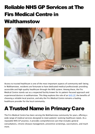 Reliable NHS GP Services at The Firs Medical Centre in Walthamstow