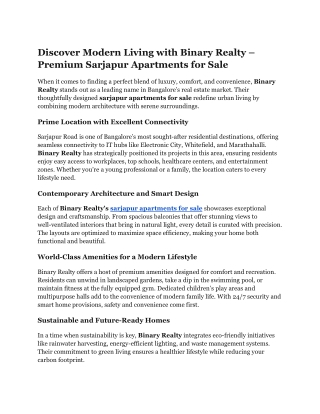 Discover Modern Living with Binary Realty – Premium Sarjapur Apartments for Sale