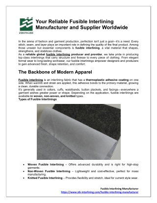 Fusible Interlining Manufacturer and Supplier Worldwide