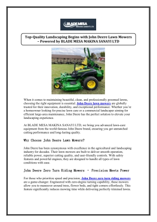 Top-Quality Landscaping Begins with John Deere Lawn Mowers – Powered by BLADE ME