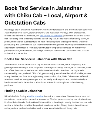 Taxi Booking in Jalandhar – Instant Cab Service for Local & Outstation Travel