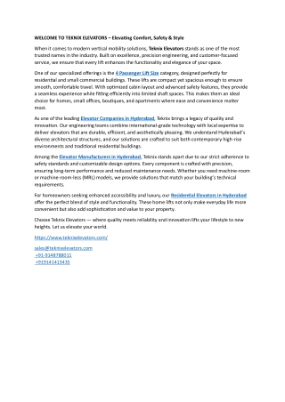 WELCOME TO TEKNIX ELEVATORS – Elevating Comfort, Safety & Style