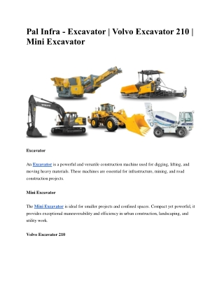 Pal Infra - Excavator | Volvo Excavator 210 | Mini Excavator
