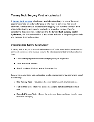 Tummy Tuck Surgery Cost in Hyderabad