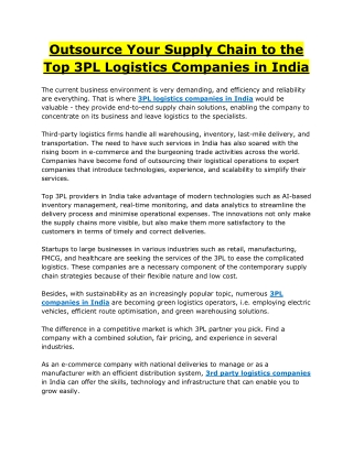 Outsource Your Supply Chain to the Top 3PL Logistics Companies in India