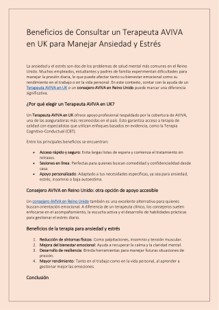 Beneficios de Consultar un Terapeuta AVIVA en UK para Manejar Ansiedad y Estrés