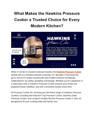 What Makes the Hawkins Pressure Cooker a Trusted Choice for Every Modern Kitchen