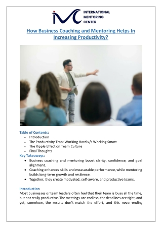 International Mentoring Center - How Business Coaching and Mentoring Helps In In