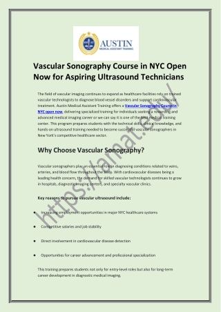 Vascular Sonography Course in NYC Open Now for Aspiring Ultrasound Technicians