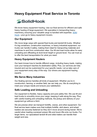 Heavy Equipment Float Service in Toronto