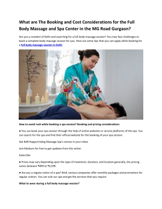 What are The Booking and Cost Considerations for the Full Body Massage and Spa Center in the MG Road Gurgaon