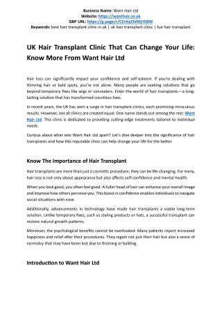UK Hair Transplant Clinic That Can Change Your Life - Know More From Want Hair