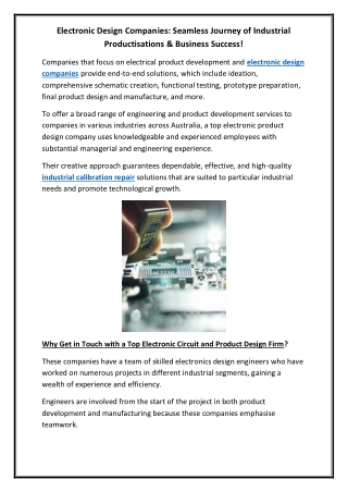 Electronic Design Companies Seamless Journey of Industrial Productisations & Business Success!