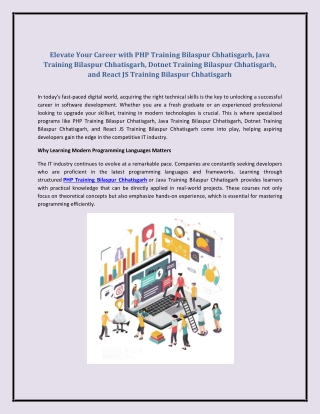 Elevate Your Career with PHP Training Bilaspur Chhatisgarh, Java Training Bilasp