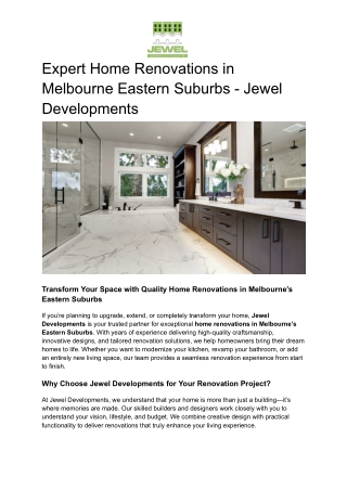 Expert Home Renovations in Melbourne Eastern Suburbs - Jewel Developments