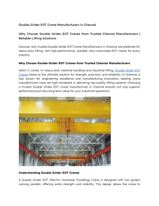 Double Girder EOT Crane Manufacturers in Chennai