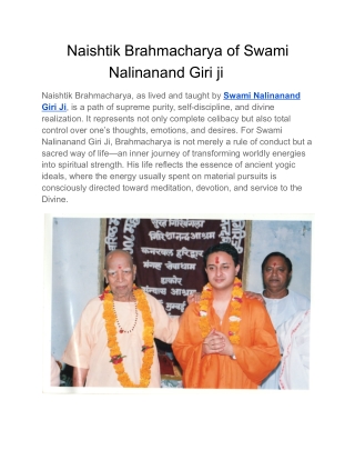 Naishtik Brahmacharya of Swami Nalinanand Giri ji