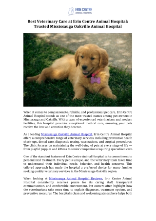 Best Veterinary Care at Erin Centre Animal Hospital Trusted Mississauga Oakville Animal Hospital