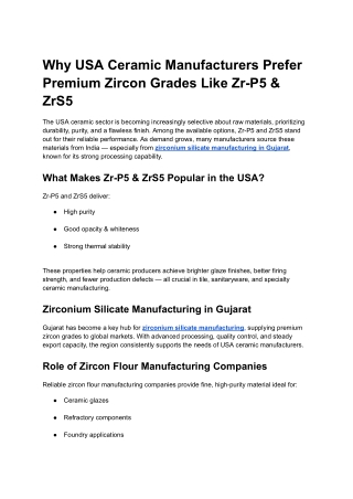Why USA Ceramic Manufacturers Prefer Premium Zircon Grades Like Zr-P5 & ZrS5