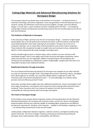 Cutting-Edge Materials and Advanced Manufacturing Solutions for Aerospace Design