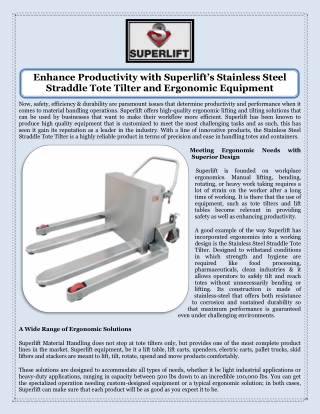 Enhance Productivity with Superlift’s Stainless Steel Straddle Tote Tilter and Ergonomic Equipment
