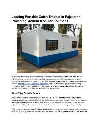 Leading Portable Cabin Traders in Rajasthan Providing Modern Modular Solutions