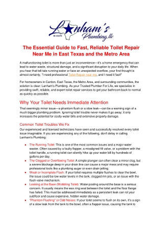 The Essential Guide to Fast, Reliable Toilet Repair Near Me in East Texas and the Metro Area