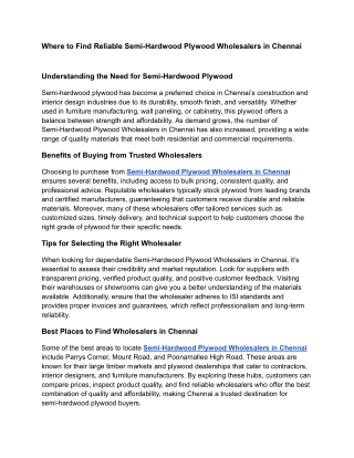 Where to Find Reliable Semi-Hardwood Plywood Wholesalers in Chennai