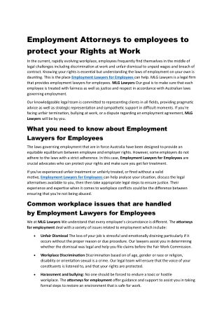 Employment Attorneys to employees to protect your Rights at Work