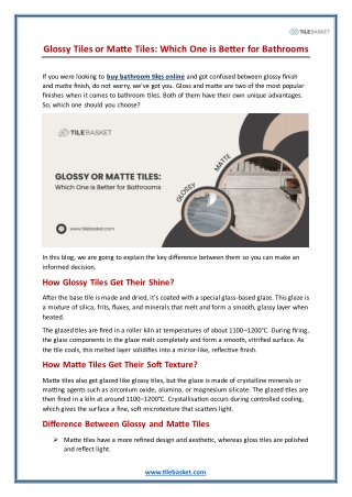 Glossy Tiles or Matte Tiles: Which One is Better for Bathrooms