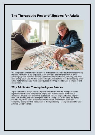 The Therapeutic Power of Jigsaws for Adults