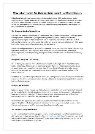 Why Urban Homes Are Choosing Mini Instant Hot Water Heaters