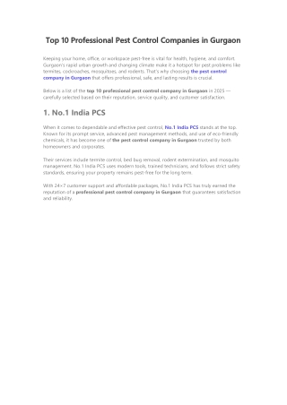 Top 10 Professional Pest Control Companies in Gurgaon