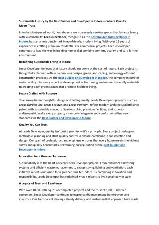 Sustainable Luxury by the Best Builder and Developer in Indore