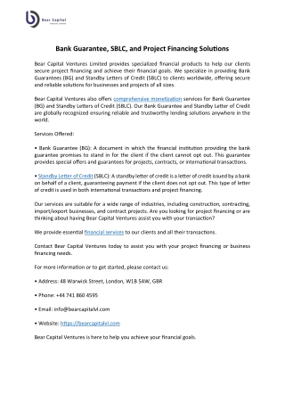 Bank Guarantee, SBLC, and Project Financing