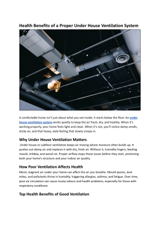Health Benefits of a Proper Under House Ventilation System