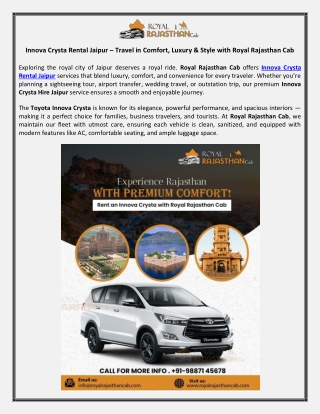 Innova Crysta Rental Jaipur – Travel in Comfort, Luxury & Style