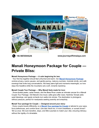 Manali Honeymoon Package for Couple