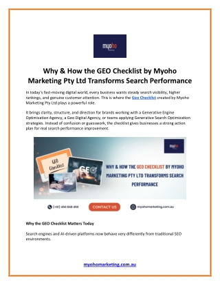 Why & How the GEO Checklist by Myoho Marketing Pty Ltd Transforms Search Performance